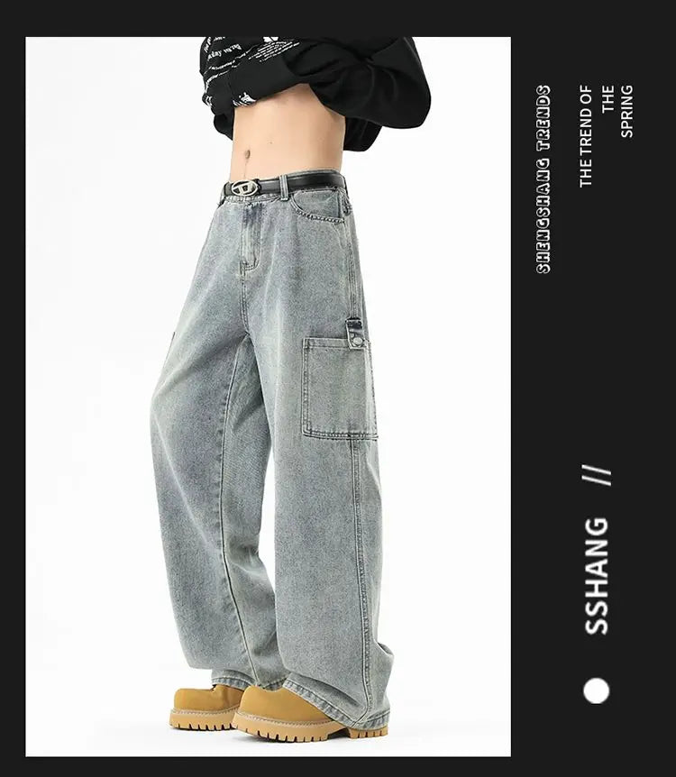 Cargo Jeans Men's Autumn New Vintage Fashion Straight Denim Trousers Casual Wide Personalized Male Clothing Pants Men Denim
