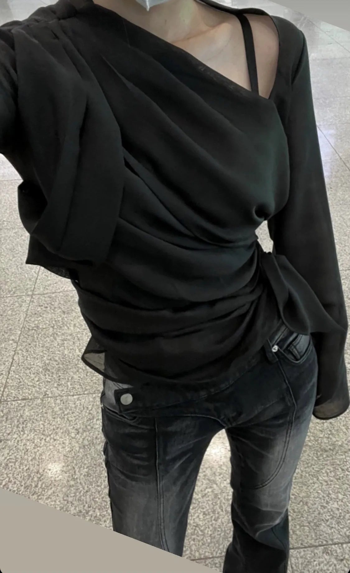Vintage Distressed Low Waist Jeans Grunge Asymmetrical Waist Denim Pant Korean Fashion Black Flare Jeans Kpop Streetwear