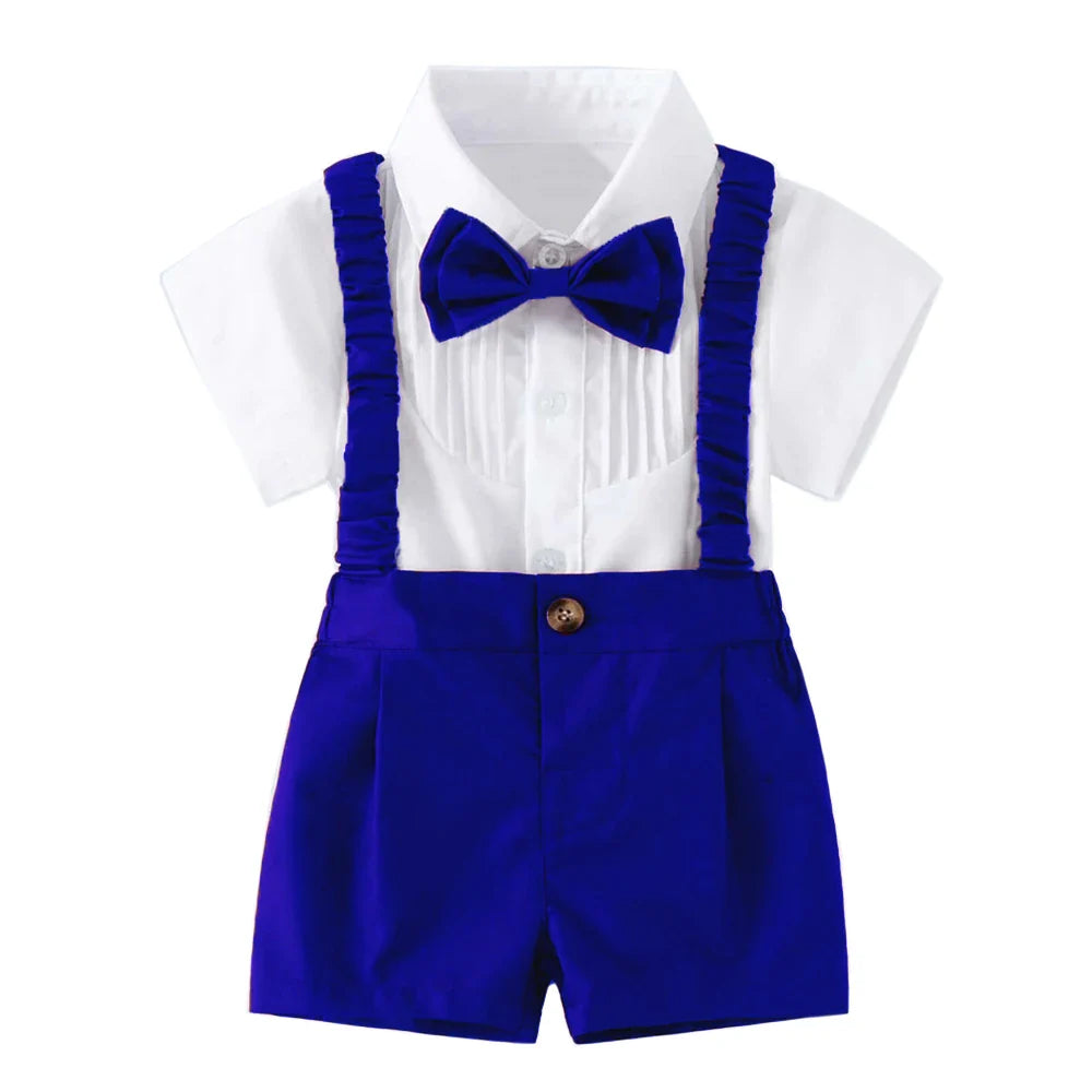 Summer Children's Clothing Short Sleeve Lapel Wrinkle Shirt with Solid Overalls Boy Gentleman Wedding Costume Cotton Kid Suit