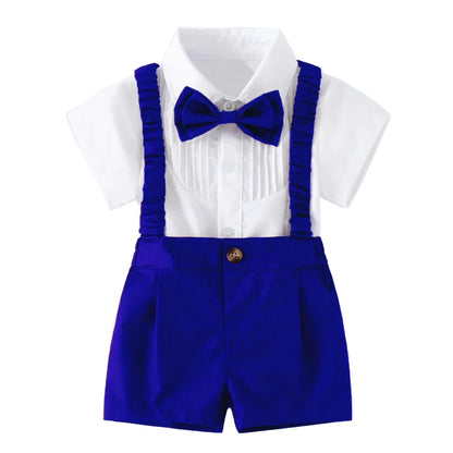 Summer Children's Clothing Short Sleeve Lapel Wrinkle Shirt with Solid Overalls Boy Gentleman Wedding Costume Cotton Kid Suit