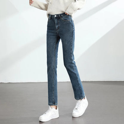 Calças Jeans Femininas de Inverno Quentes de Lã Retrô Elásticas Grossas Confortáveis Retas Modernas Coreanas Casuais de Veludo Denim