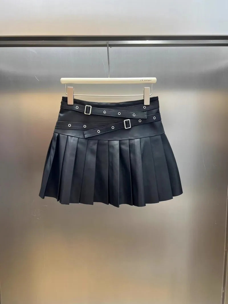 Punk Women Genuine Leather Skirt High Waist Sexy Mini A Line Skirts New Solid Color Ladies Casual Sweet Sheepskin Pleated Skirt