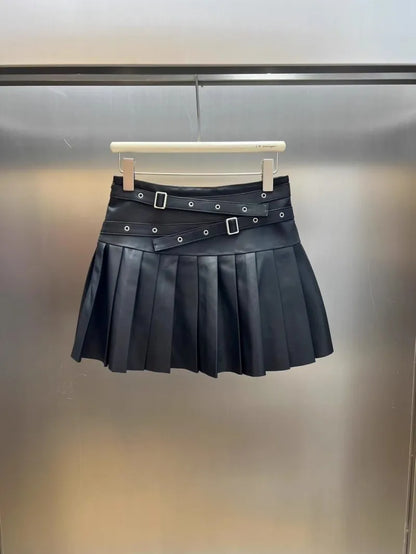 Punk Women Genuine Leather Skirt High Waist Sexy Mini A Line Skirts New Solid Color Ladies Casual Sweet Sheepskin Pleated Skirt