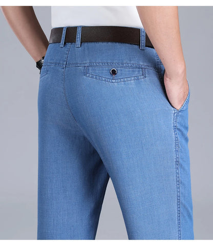 2024 New Men's Summer Thin Jeans Loose Stretch Large Size Ice Silk Straight Pants Elite Business Casual Pants Smoke Gray Blue