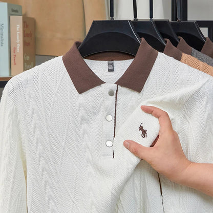 Men's Autumn and Winter Light Luxury 100% Cotton Men's Embroidered Knitted T-shirt Casual Business Sweater Polo Shirt