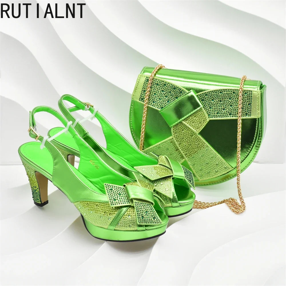 Fashion Italian Shoes and Bag Set for Women Full Rhinestone High Heels Wedding Shoes for The Bride African Bag and Shoe Sets