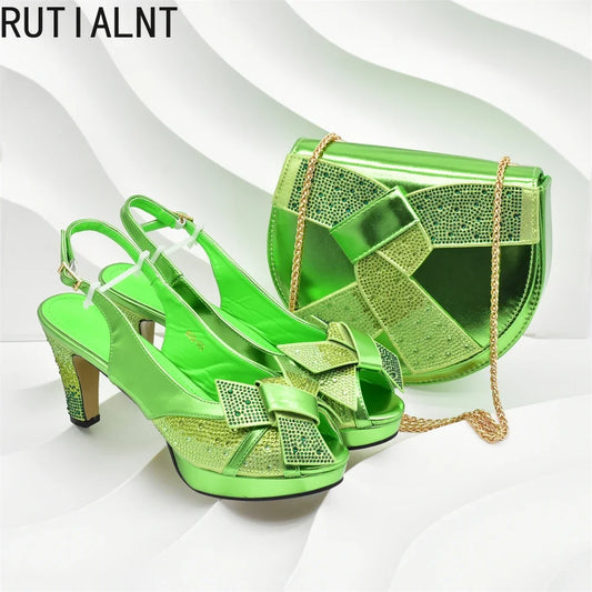 Fashion Italian Shoes and Bag Set for Women Full Rhinestone High Heels Wedding Shoes for The Bride African Bag and Shoe Sets