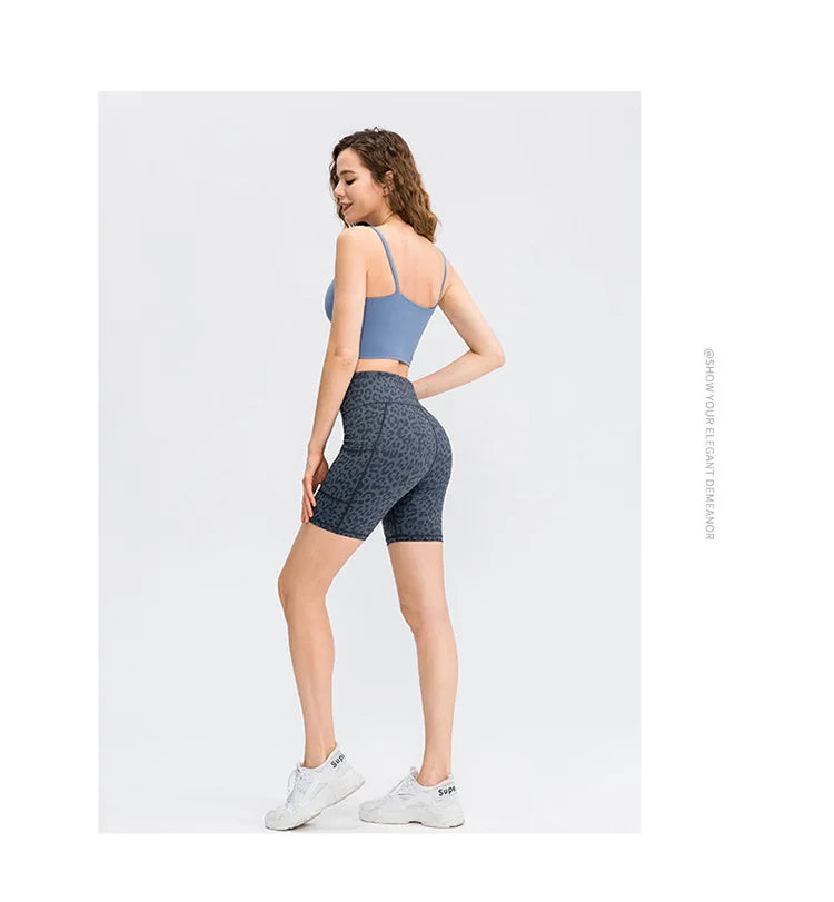 Women's printed nude yoga shorts with pockets skin-friendly tight stretch quick-drying sports fitness hiking running shorts
