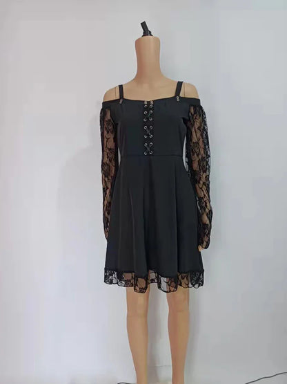 One-shoulder Lace Stitching Flared Sleeve Dress Literary Vintage Autumn Grunge Black A-line Dress Punk Partywear