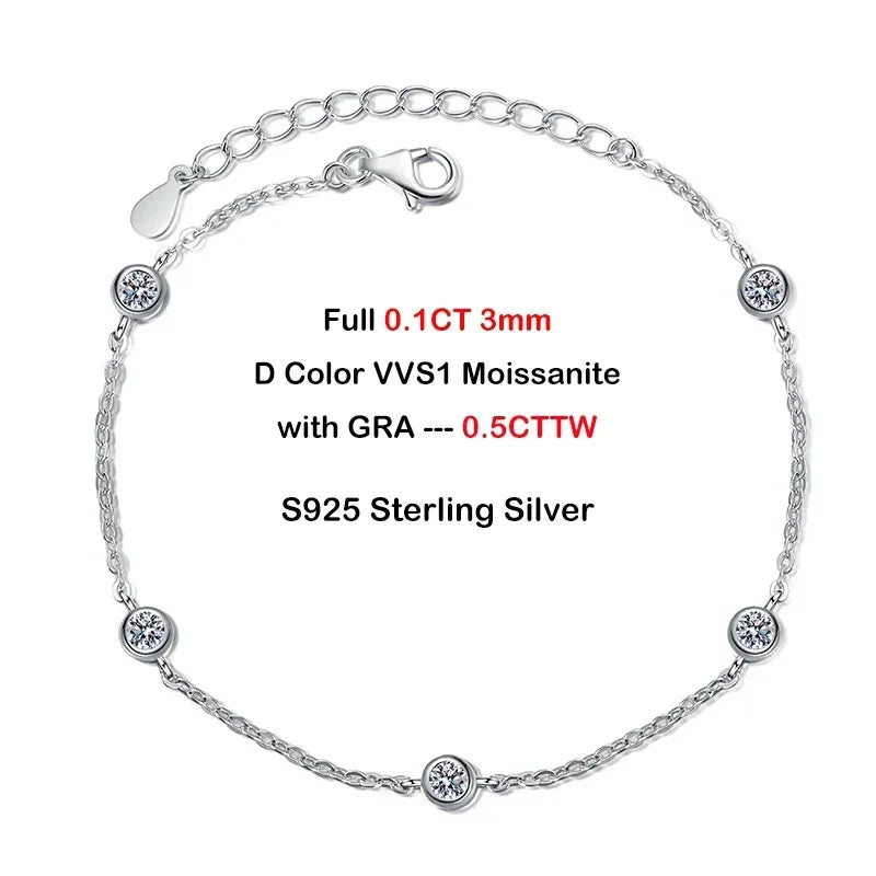 Round Bezel 0.87cttw Full D Color Moissanite Diamond Bracelet For Women 925 Silver GRA Certified 19cm Link Bracelets Gift