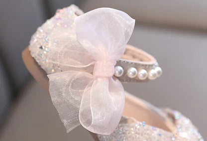 Toddler Girl's Princess Shoes Sequins Lace Bowknot 21-36 Children Mary Janes Three Colors Luxury Trendy Party Kids Shoes Flats