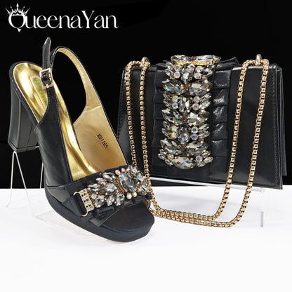 Spot goods INS Gold Color Elegant Women Heels Shoes and Bag Set Decoration Rhinestones Women High Heels Shoes