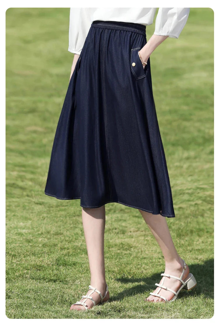 Dark Blue Denim Midi Skirt for Women 2026 Spring Elastic Waist Skirts Casual A-Line Skirt with Pockets 2261026207