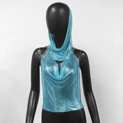 Fashion Metal Sequined Y2k Women Crop Top Tank Tops with Headscarf Metallic Sequins Sexy Backless Hollow Out Halter Corset top