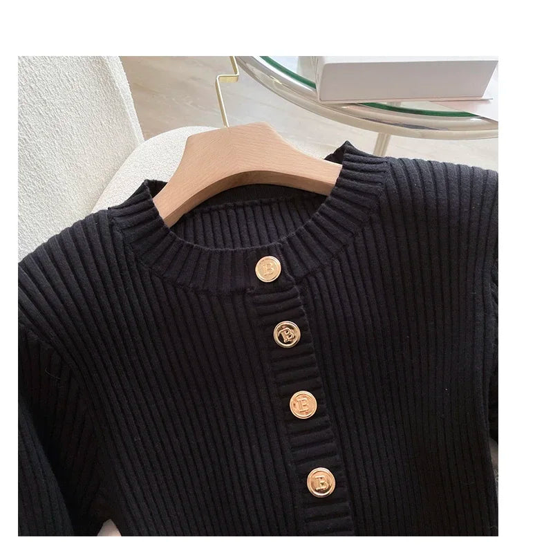 Autumn Winter Women Knitted Dress Brand Fashion O-neck Buttons Bodycon Sweater Dress with Belt Lady Office Dress