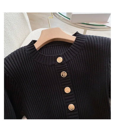 Autumn Winter Women Knitted Dress Brand Fashion O-neck Buttons Bodycon Sweater Dress with Belt Lady Office Dress