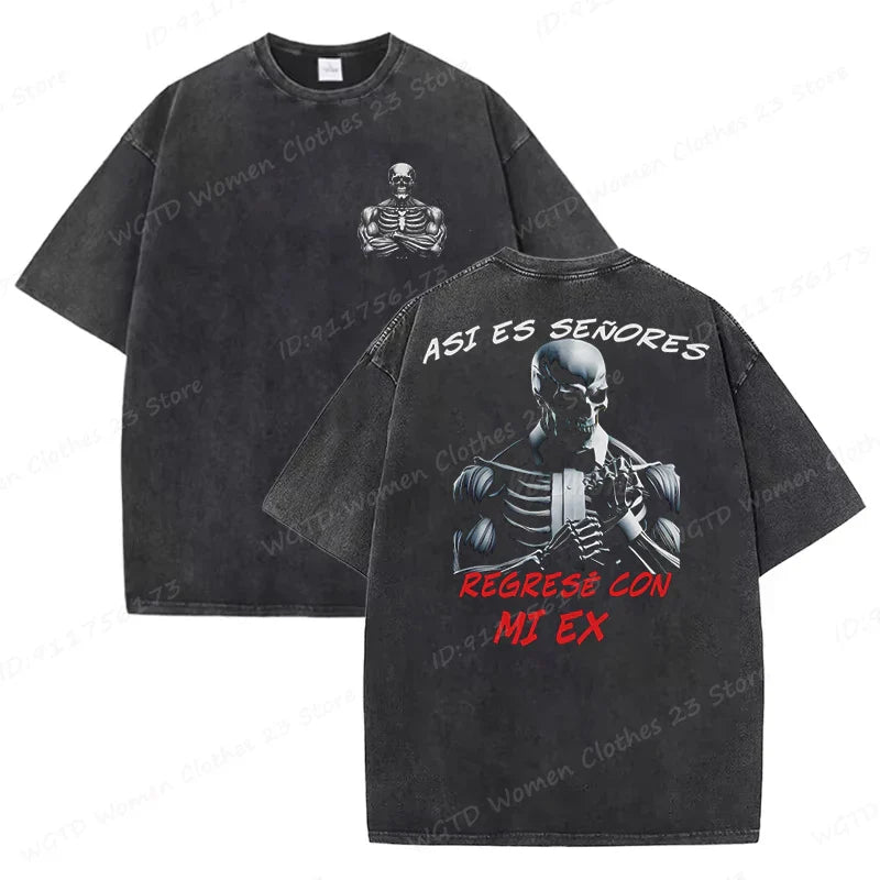 Calacas Chidas Gym Washed T-Shirts Men's Trendy Cool Skeleton & Gym Print Oversized Tshirt Summer Tees Streetwear Casual Tops