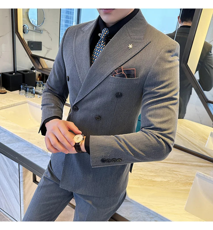 (Jackets+Pants) Luxury Double Breasted Design Slim Fit Suit High Quality Fashion Men's Wedding Social Suit Tuxedo 2 Piece Set