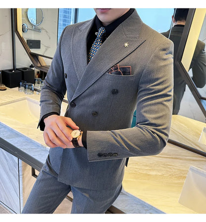 (Jackets+Pants) Luxury Double Breasted Design Slim Fit Suit High Quality Fashion Men's Wedding Social Suit Tuxedo 2 Piece Set