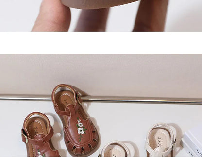 Traditional Chinese Embroidery Kids Shoes for Girl Sandals Summe Retro Princess Shoes Roman Style Girls Leather Shoes Kid F05173