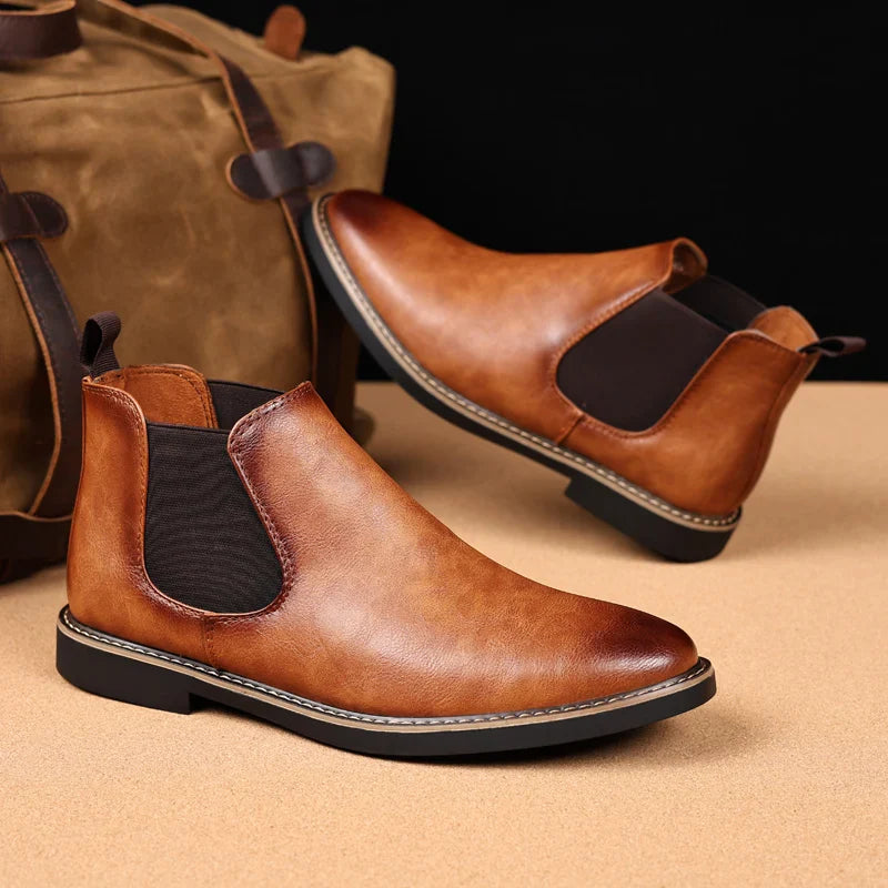 39~47 Men Chelsea Boots Brand Retro Comfortable PU Leather Ankle Boots Men 2025 Fashion Black Brown Mens Boots