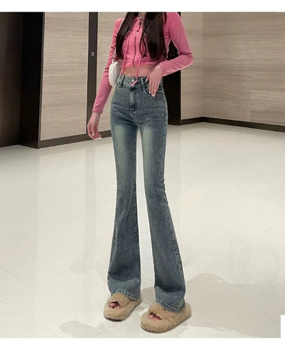 Autumn Winter American Sle High Waist Slim Fit Drapey Micro Flared Jeans Women's Premium Denim Pants
