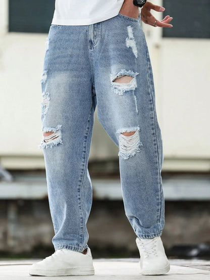 Men's Blue Ripped Denim Harem Pants for Spring and Autumn. Street Fashion. Casual Trend 。