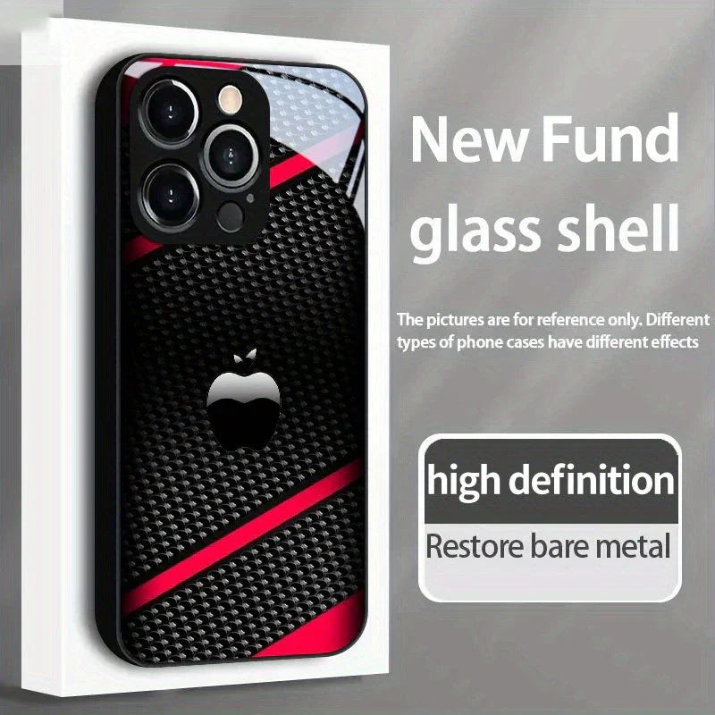 Black Carbon Fiber For Apple Pattern Glass Phone Case For iPhone 17 16 15 14 Pro Max 13 12 11 16E 17Air 7 8 Plus XR XS X Cover