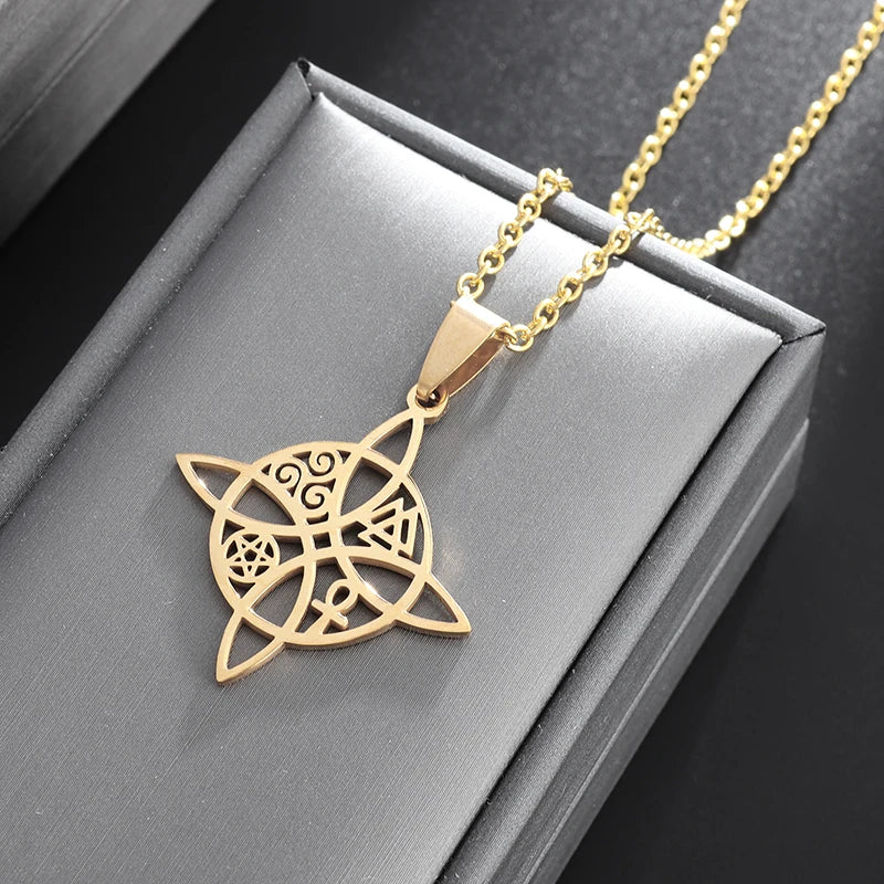 Witchcraft Witch Knot Necklace Irish Trinity Knot Triple Spiral Pendant Stainless Steel Ankh Cross Pentagram Amulet Jewelry