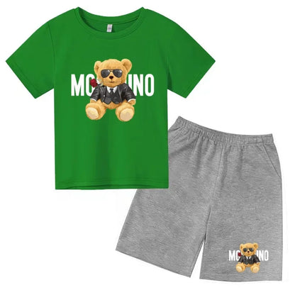 Boys Girls Summer Casual 2Pcs Set Lovely Bear Letter Print T-shirt & Shorts Comfortable Sports Running Suit
