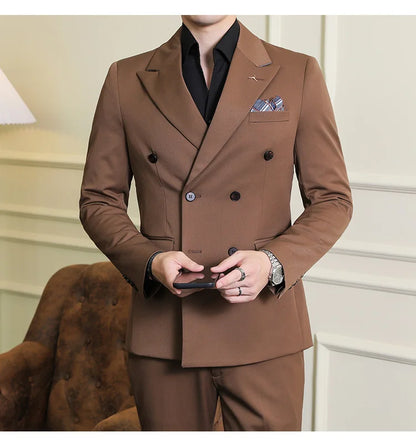 ( Blazers + Pants ) Boutique Fashion Solid Color Double-breasted Men's Casual Business Slim Suit 2-piece Set Groom Wedding Dress
