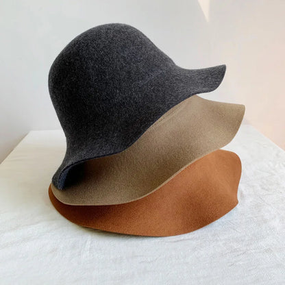Hat Women's Autumn Wave Curled English Retro Versatile Fisherman Hat Fashion Hepburn Style Woolen Top Hat