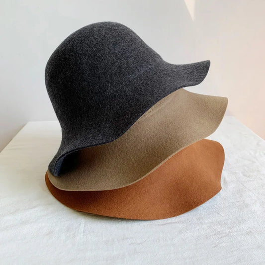 Hat Women's Autumn Wave Curled English Retro Versatile Fisherman Hat Fashion Hepburn Style Woolen Top Hat