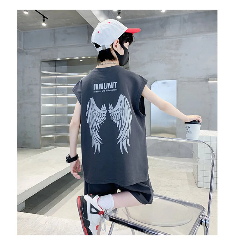 Big Child Cotton Summer Suit for Teens Boy Wing Print Cotton Tshirt + Shorts 2PCS Clothing Set Kids Adult Fashion Street Outfit
