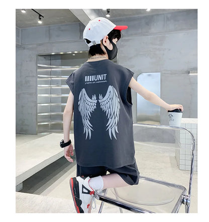 Big Child Cotton Summer Suit for Teens Boy Wing Print Cotton Tshirt + Shorts 2PCS Clothing Set Kids Adult Fashion Street Outfit