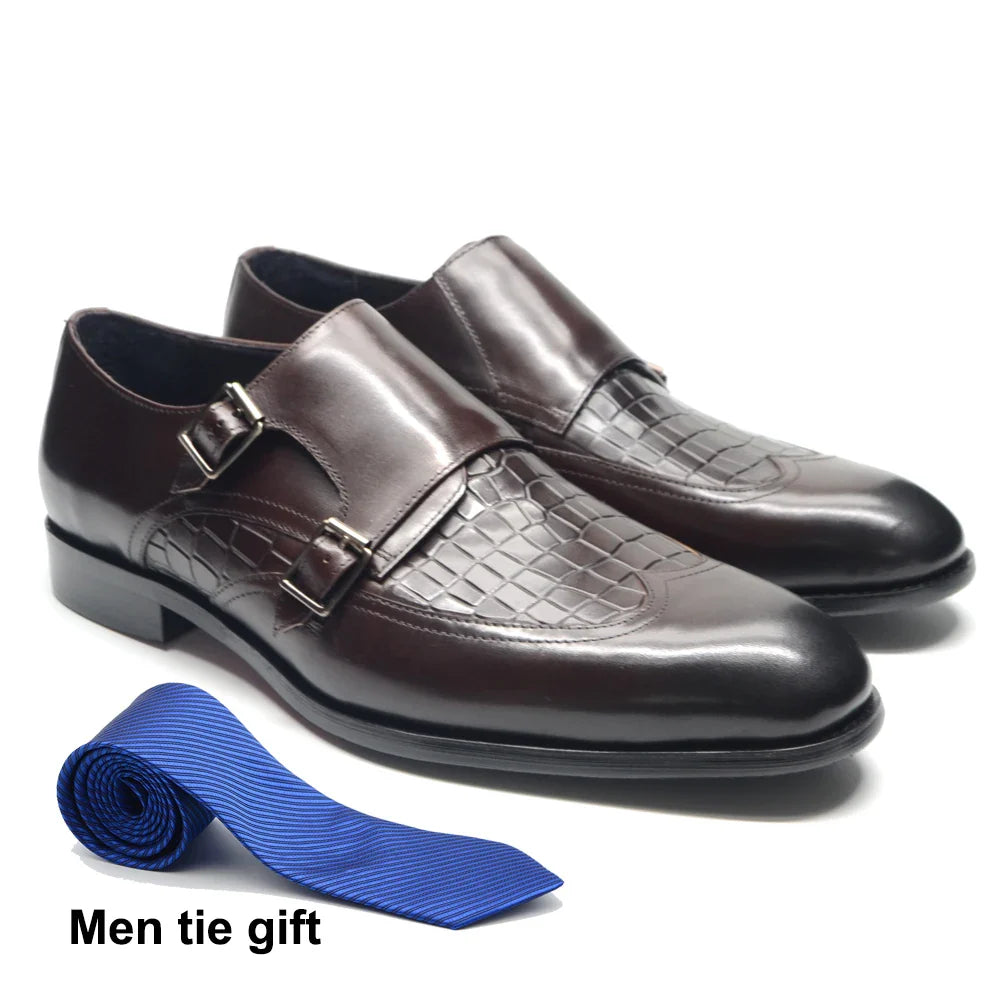 Classic Men's Genuine Leather Dress Shoes Double Buckle Monk Strap Wingtip Crocodile Print Business Office Formal Footwear Man