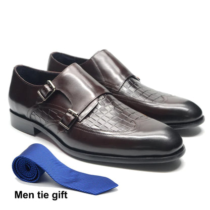 Classic Men's Genuine Leather Dress Shoes Double Buckle Monk Strap Wingtip Crocodile Print Business Office Formal Footwear Man