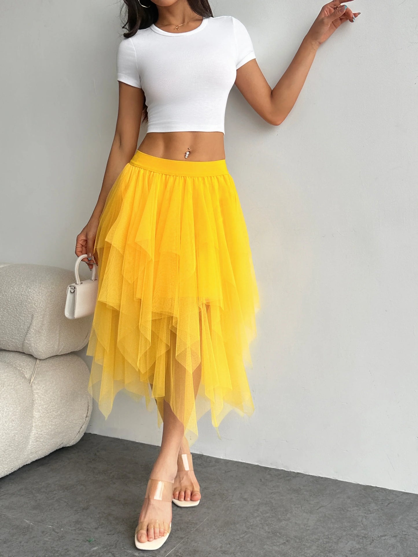 Ladies' high waisted elastic waist layered chiffon midi skirt with irregular asymmetric hem party casual mesh fairy ballet skirt