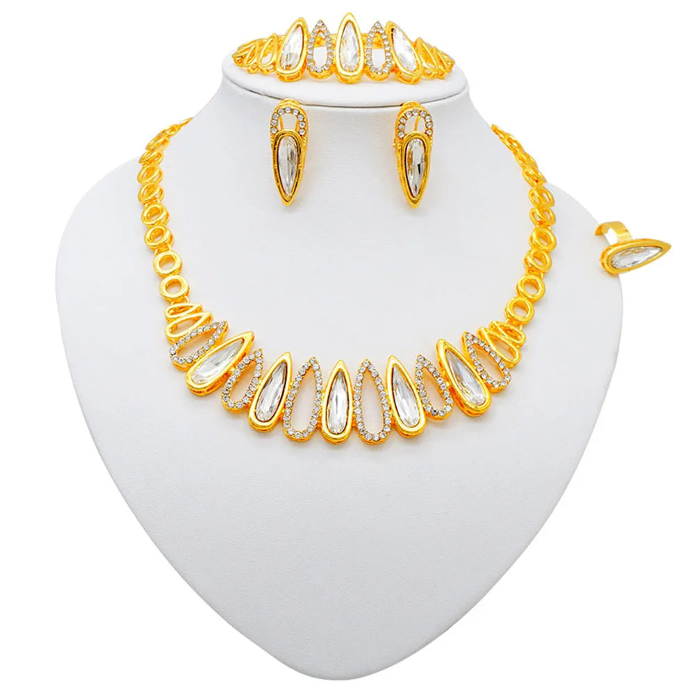 Women Gold Color Jewelry Sets Blue Pendant Necklace Earrings Bracelet Ring Sets Party Gifts