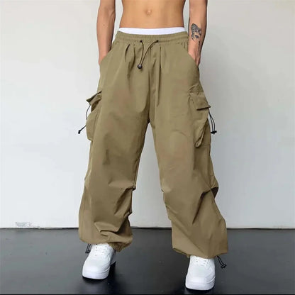 Black Men's Hip Hop Cargo Pants Casual Summer Solid Multiple Pockets Trousers Cool Ribbons Techwear Hip Hop Sweatpants Boys