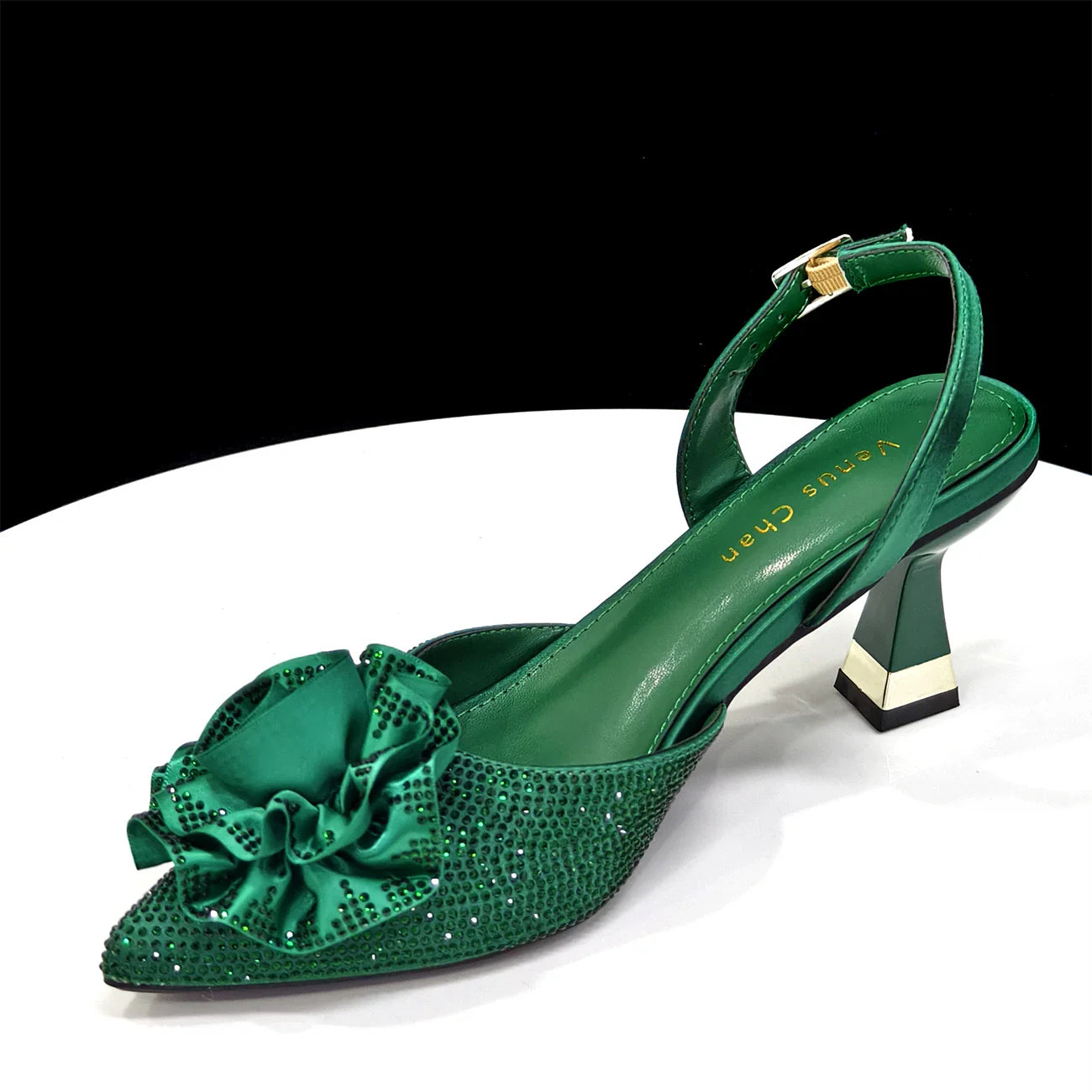 Elegant Shiny Dark blue Handbag and Medium Heel Shoes Set with Beautiful Handmade Flowers for Weddings and Parties