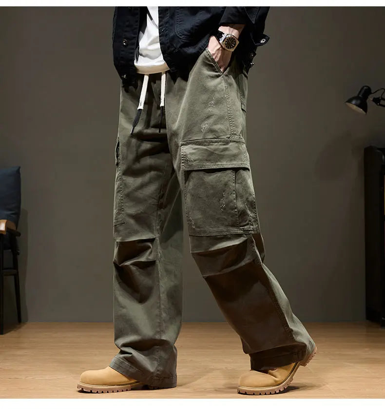 Men's Baggy Cargo Pants with Pockets 100% Cotton Drawstring Elastic Waist Wide Leg Outdoor Casual Pants Plus Size 8XL