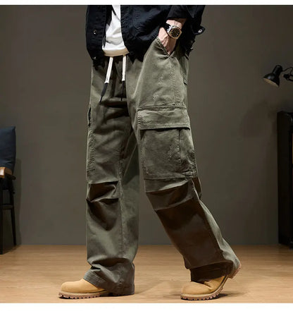 Men's Baggy Cargo Pants with Pockets 100% Cotton Drawstring Elastic Waist Wide Leg Outdoor Casual Pants Plus Size 8XL