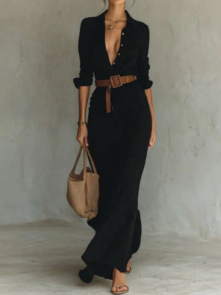 Women's Minimalist Solid Color Belted Lapel Shirts Dress Long Sleeves Split-Joint High Waisted Casual Office Maxi Dresses