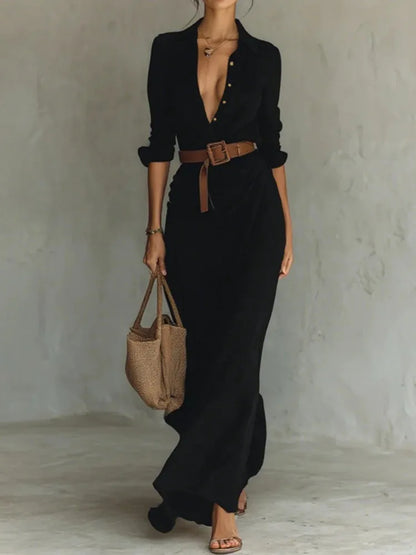 Women's Minimalist Solid Color Belted Lapel Shirts Dress Long Sleeves Split-Joint High Waisted Casual Office Maxi Dresses
