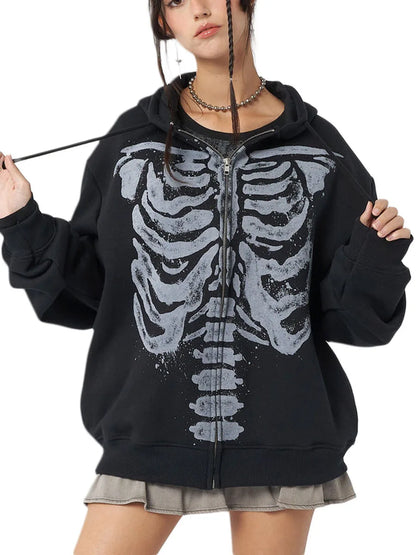 Halloween Women Spring Autumn Casual Hooded Coat Long Sleeve Skull Print Zipper Hoodie Grunge Long Sleeve Top Gothic Sweatshirt