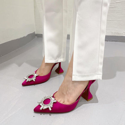 Aneikeh Marca Feminina Salto Alto de Seda Luxuoso Salto Alto com Laço de Borboleta de Cristal Sapatos Pontudos de Verão Salto Triângulo Sapatos de Noiva