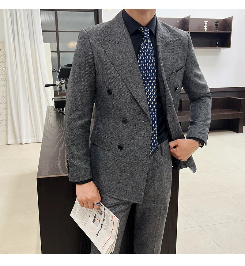 Men Vintage Luxury Double Breasted Slim Fit Lapel Evening Gown ltalian Style Fashion High-end Groom Wedding Party Tuxedo 2 Piece