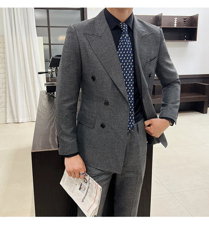 Men Vintage Luxury Double Breasted Slim Fit Lapel Evening Gown ltalian Style Fashion High-end Groom Wedding Party Tuxedo 2 Piece