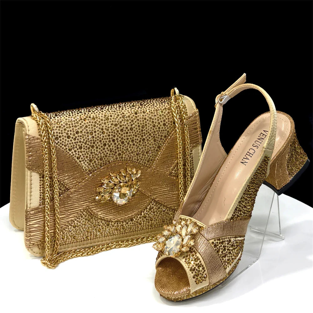 Luxurious Italian Women's Party Shoe and Bag Set – Elegant Black Rhinestone Peep-Toe High Heels Sandals for Weddings